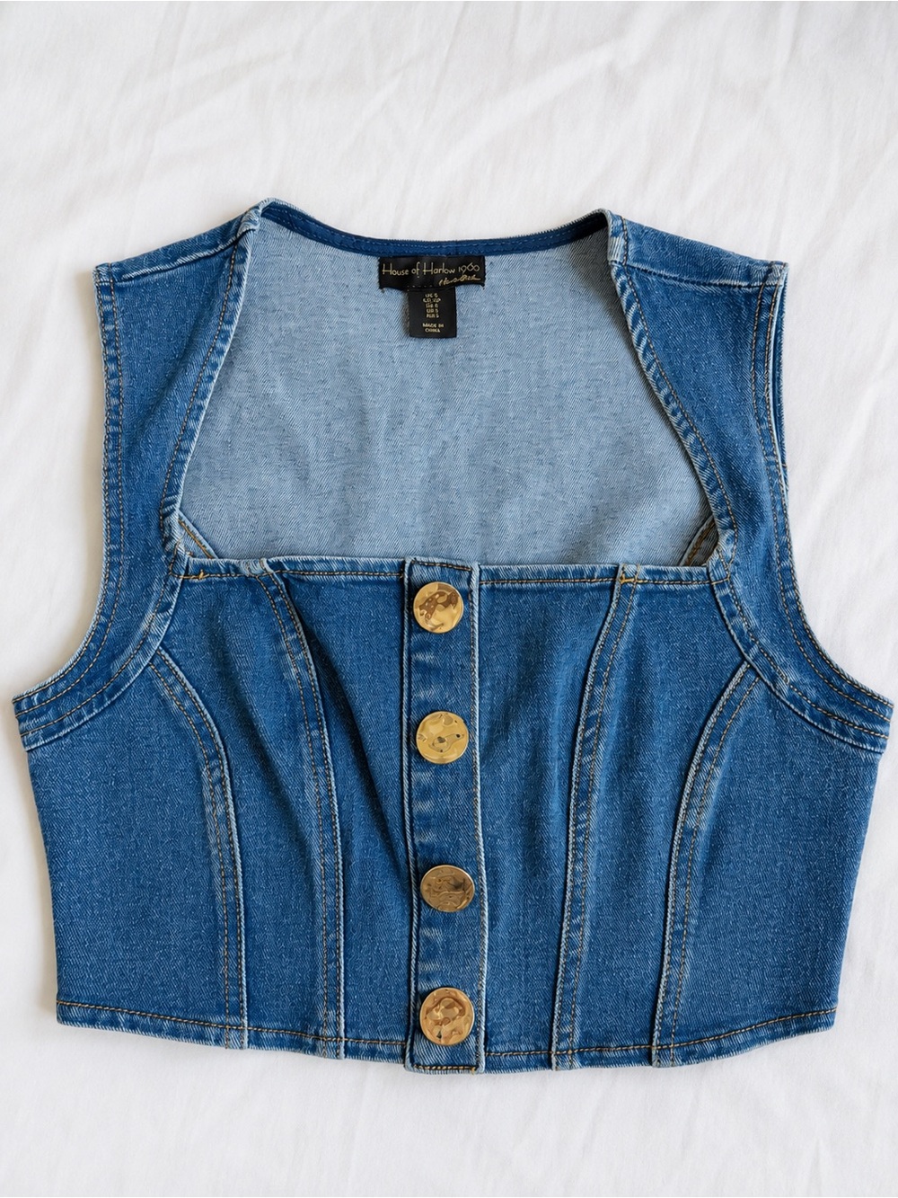 House of Harlow 1960 Denim Corset Crop Top Vest Gold Button Detail Size Small